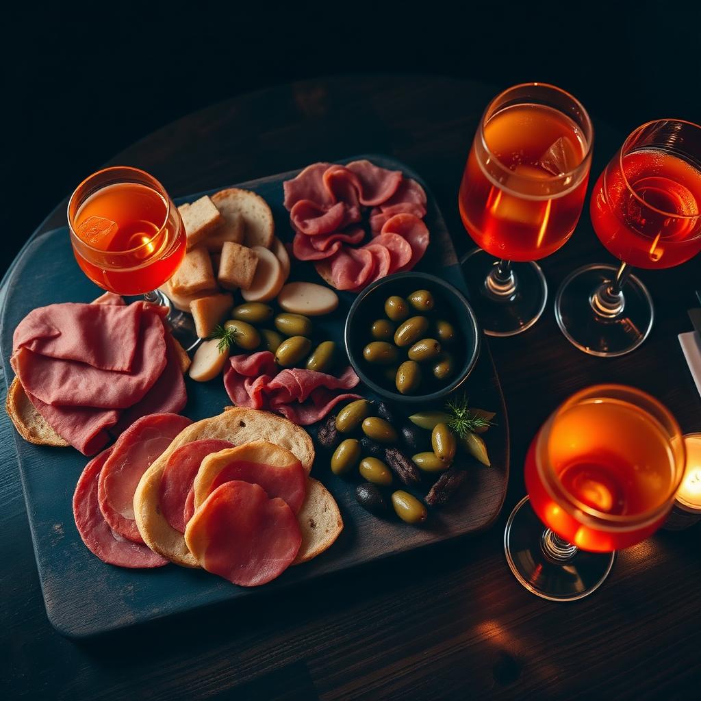 Aperitivo-Brett mit Antipasti und Aperol Spritz